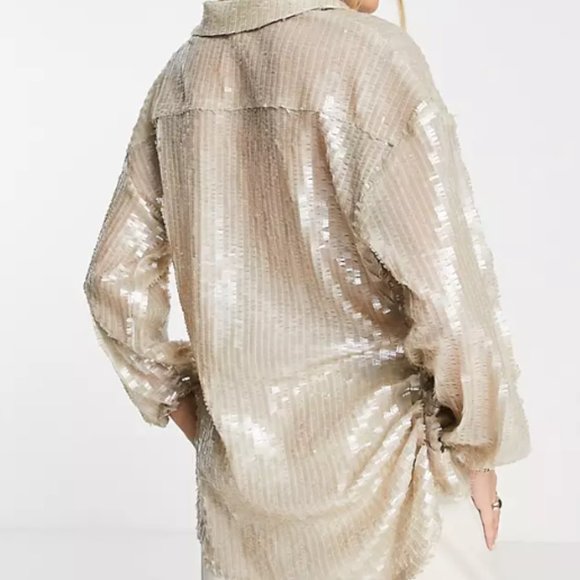 River Island Champagne Gold Sequin Tie Front Blouse - Picture 4 of 5